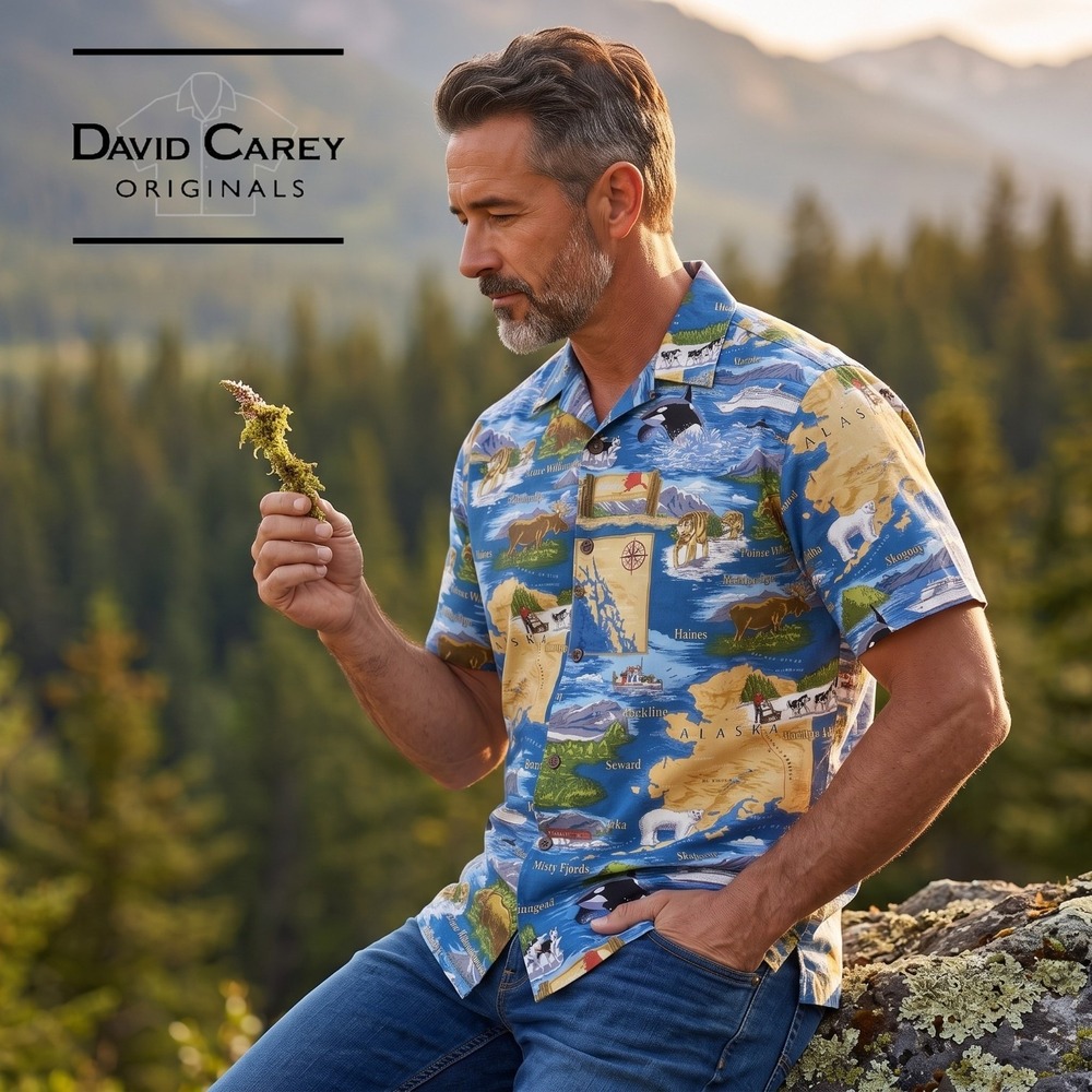 David Carey Mens Alaska Landmark Map Wildlife Camp Shirt Blue XL